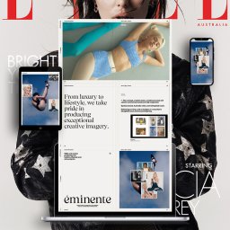 Stronit.pl - Projektowanie Stron Internetowych - Zdjęcie przedstawia portfolio agencji kreatywnej Éminente, widoczne na ekranie laptopa, tabletu i smartfona, prezentujące różnorodne projekty z zakresu fotografii i produkcji wideo dla branży mody,...