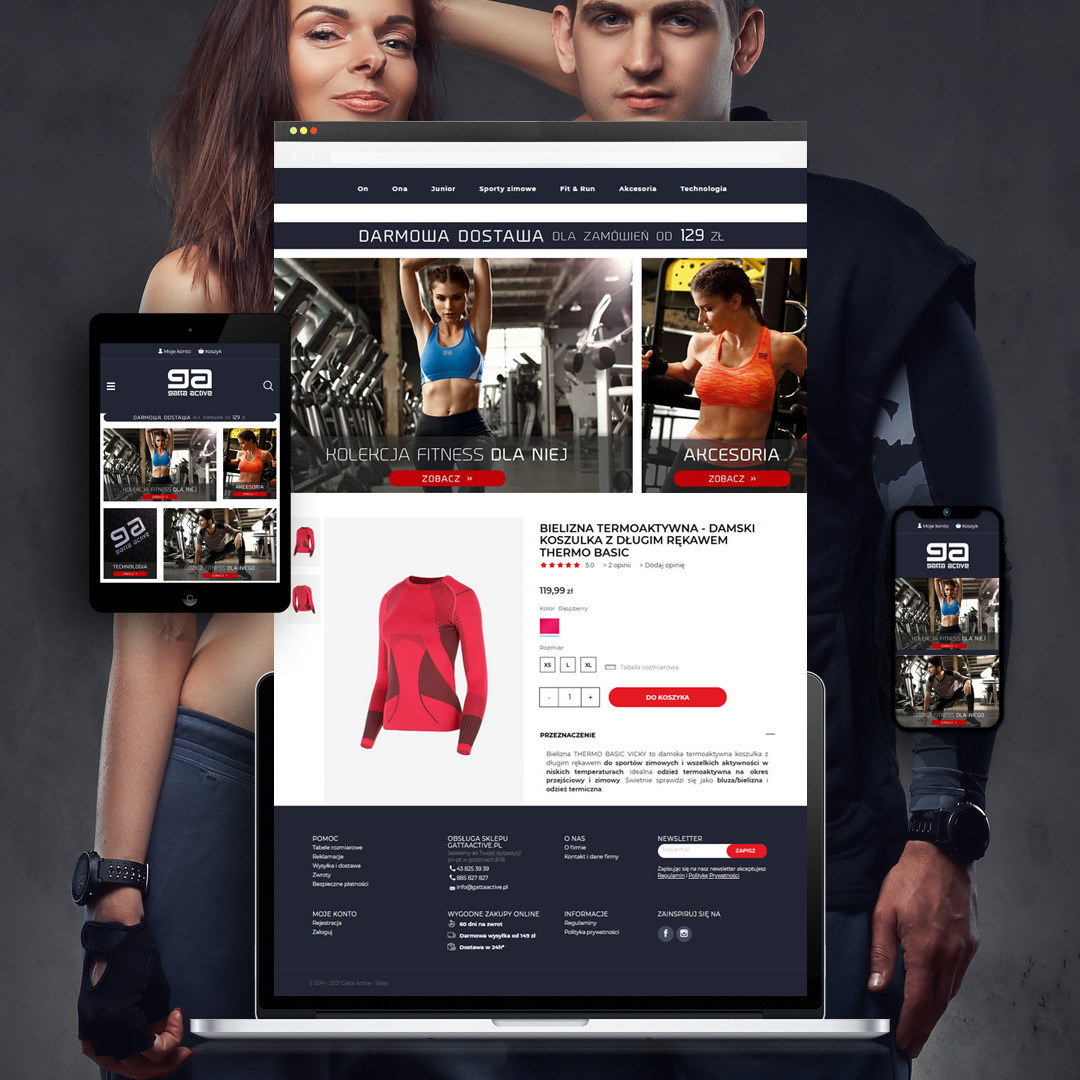 Modelka i model prezentują stronę internetową sklepu z odzieżą sportową na laptopie, tablecie i smartfonie, z widoczną ofertą bielizny termoaktywnej.