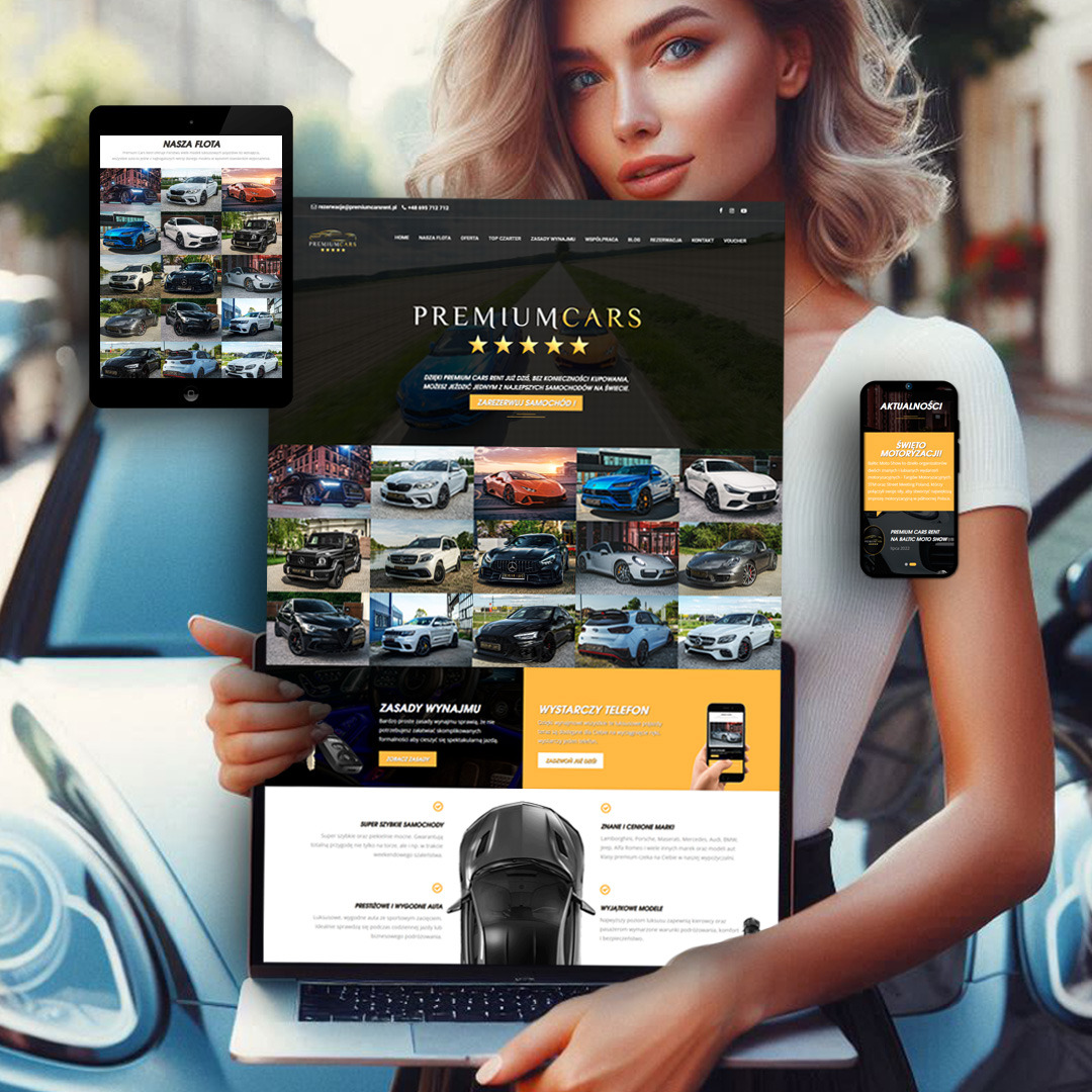 Kobieta prezentuje na laptopie, tablecie i telefonie responsywną stronę internetową firmy PremiumCars z galerią luksusowych samochodów na wynajem, widoczna część karoserii samochodu.