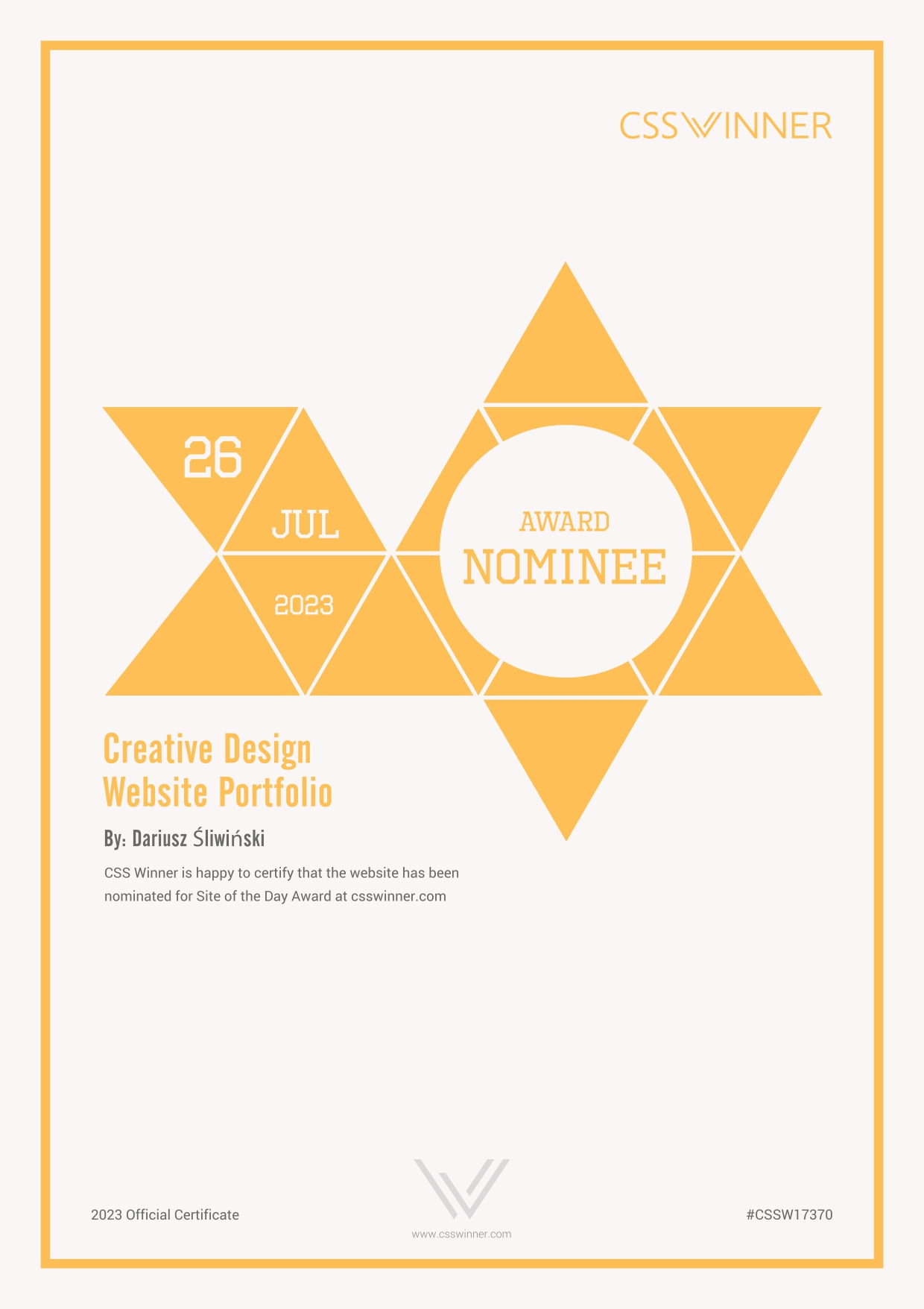 Certyfikat nominacji do nagrody CSS Winner dla portfolio strony internetowej Dariusza Śliwińskiego, z datą 26 lipca 2023 roku, prezentowany w minimalistycznej grafice z geometrycznym motywem...