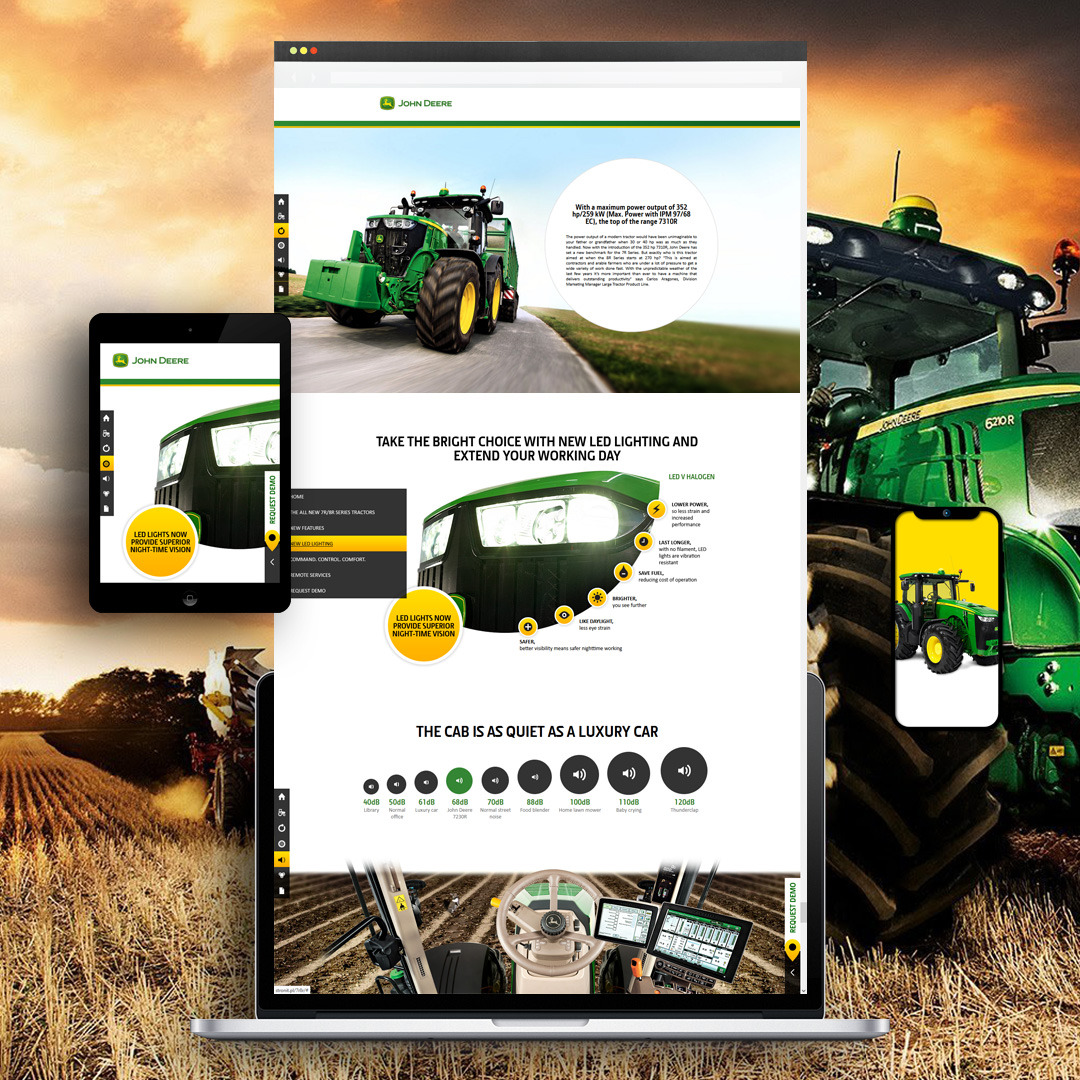 Kompozycja graficzna przedstawiająca stronę internetową producenta traktorów John Deere na różnych urządzeniach: laptopie, tablecie i smartfonie, z polami uprawnymi w tle i zachodem słońca...