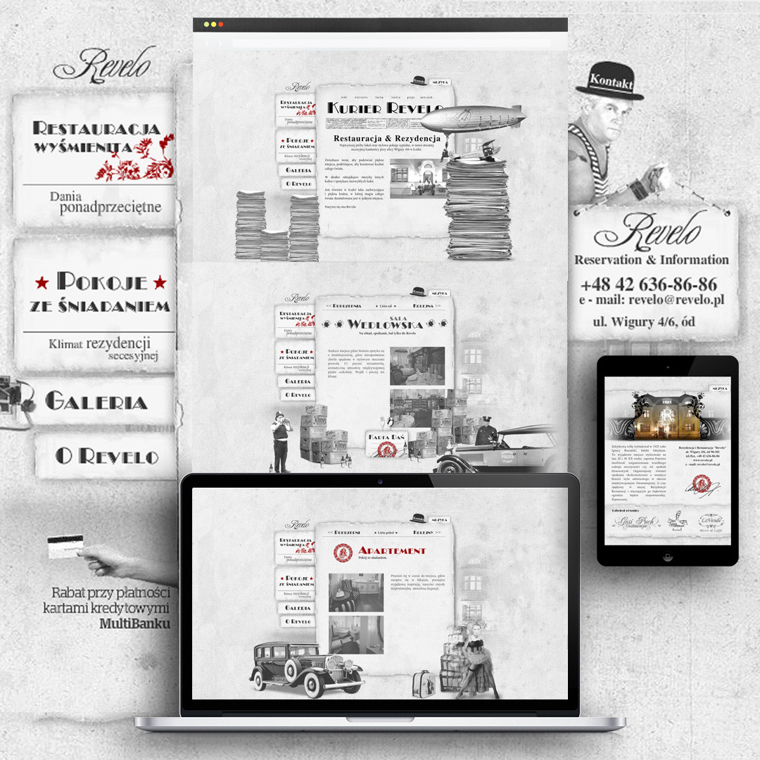 Prezentacja responsywnej strony internetowej hotelu w stylu retro na laptopie i tablecie, z widocznym menu, danymi kontaktowymi i ofertą restauracji oraz apartamentów, utrzymana w czarno-białej...