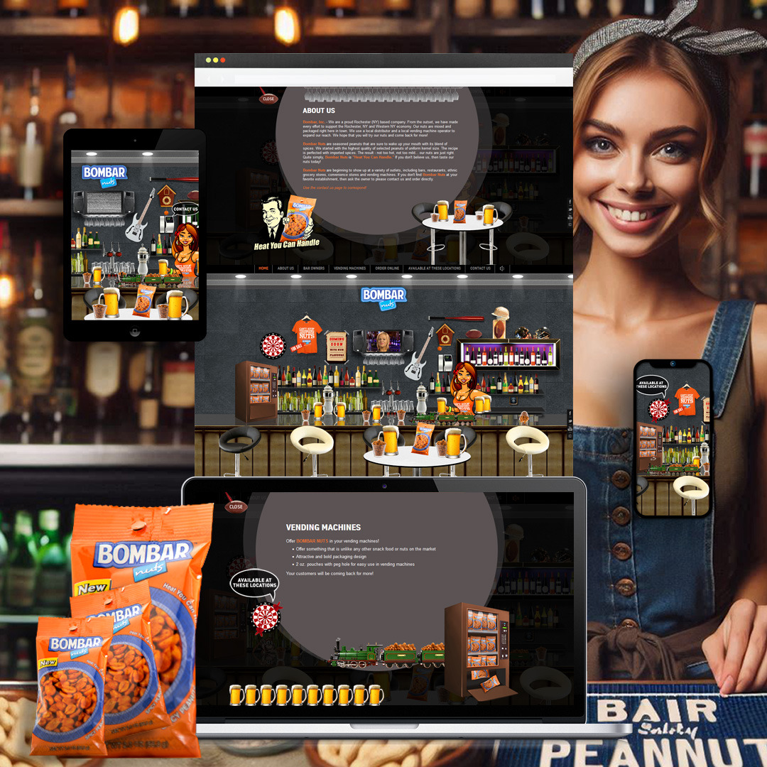 Prezentacja responsywnej strony internetowej na laptopie, tablecie i smartfonie, przedstawiająca bar z automatem do sprzedaży orzeszków 'Bombar Nuts', w tle uśmiechnięta kobieta w dżinsowym...