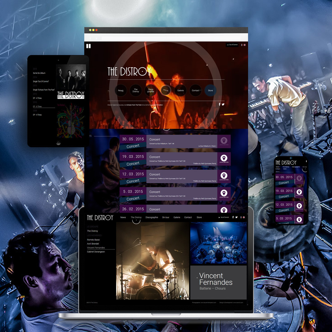 Prezentacja responsywnej strony internetowej zespołu muzycznego 'The Distroy' na laptopie, tablecie i smartfonie, ukazująca sekcje takie jak newsy, dyskografia, galeria, kontakt i sklep.