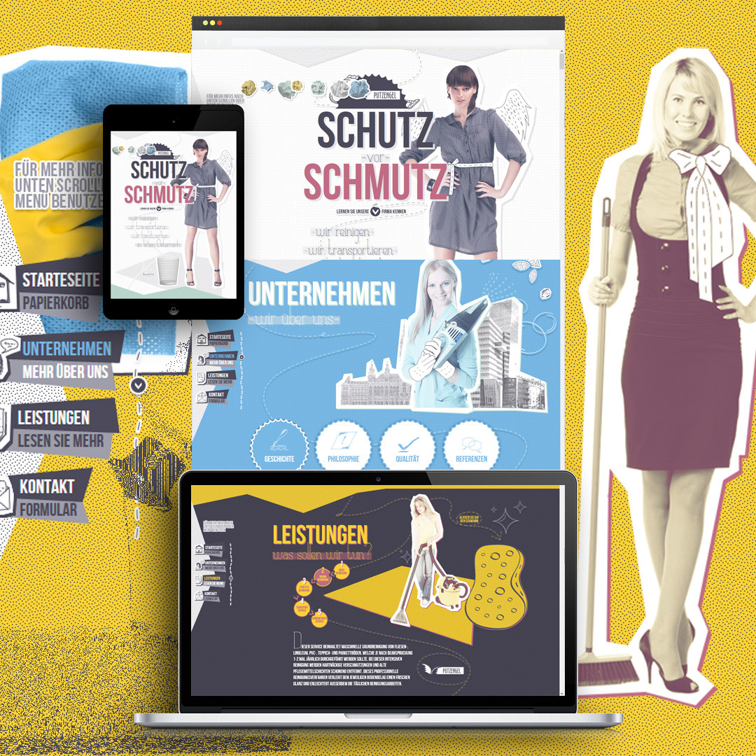 Kompozycja graficzna przedstawiająca elementy strony internetowej firmy sprzątającej, widoczna na ekranie laptopa i tabletu, z dodatkowymi wizerunkami kobiet w strojach służbowych i ikonami usług.