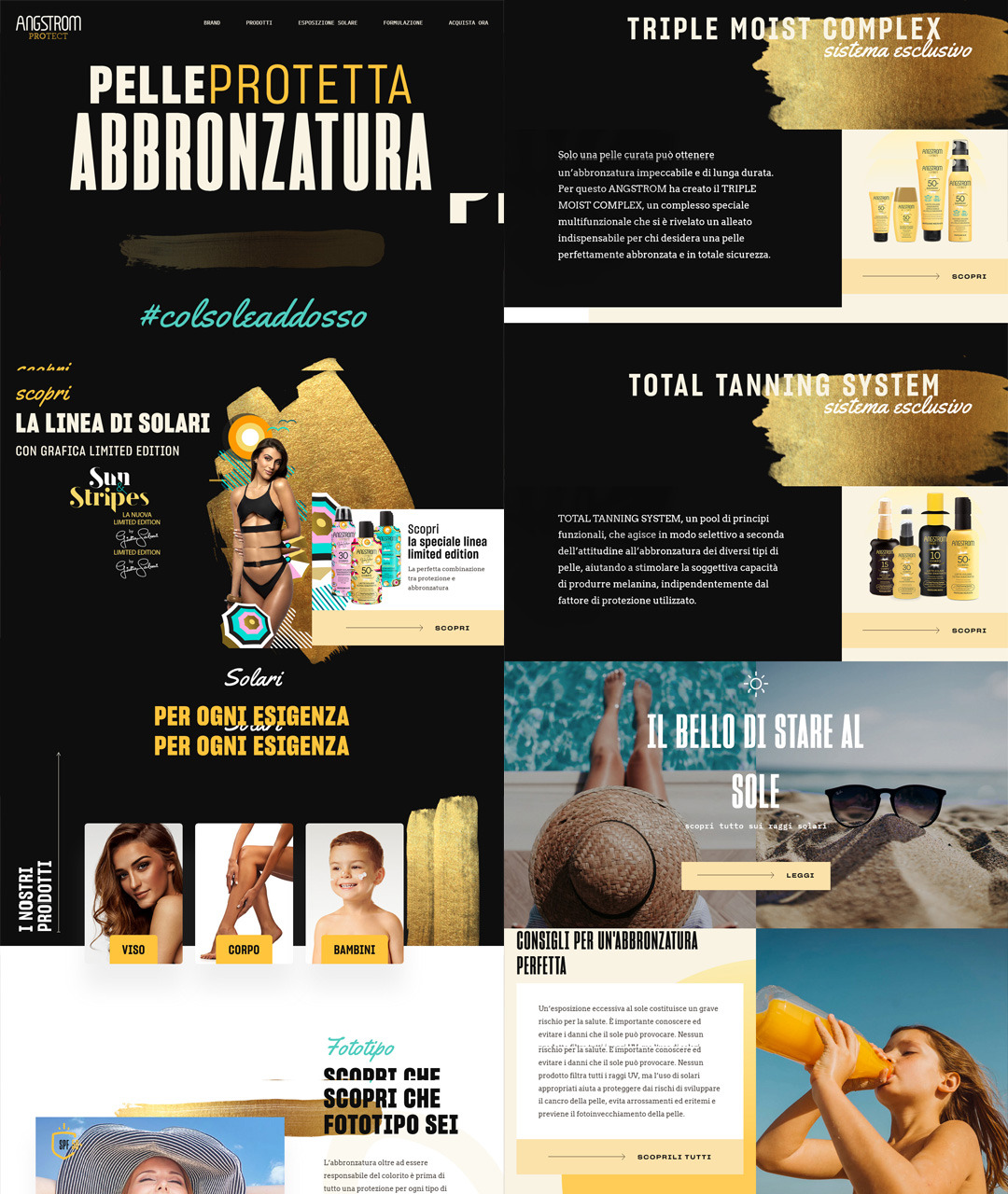 Plakat reklamowy kosmetyków do opalania Angstrom z hasłem 'Pelleprotetta Abbronzatura', prezentujący produkty, modelki i porady dotyczące bezpiecznego opalania.