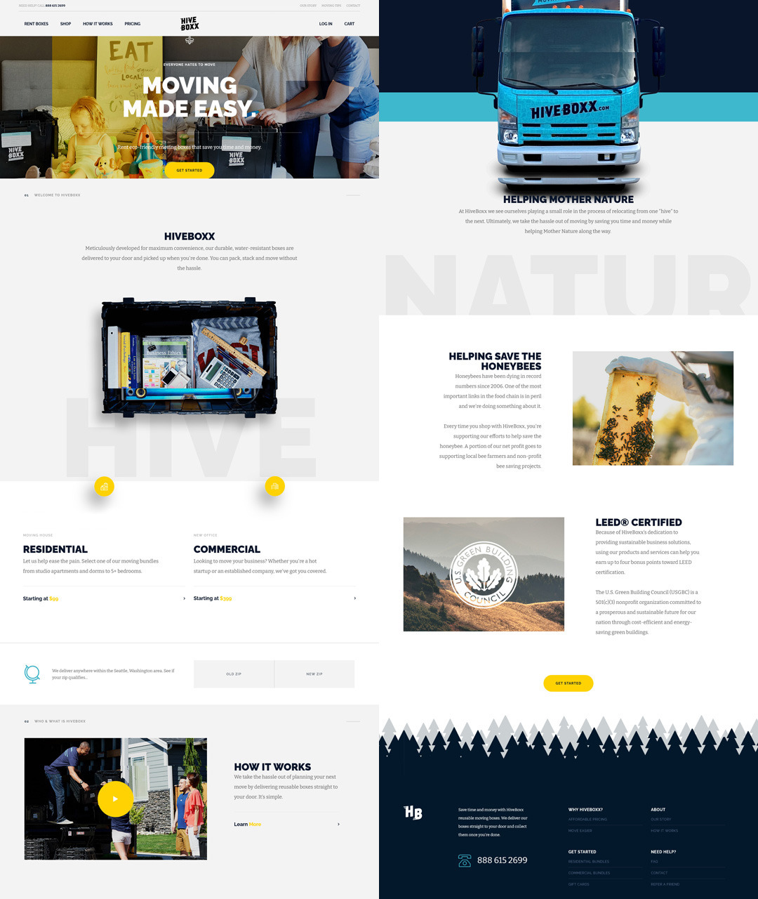 Projekt strony internetowej firmy oferującej wynajem ekologicznych pudeł do przeprowadzek, z widocznym banerem reklamowym, zdjęciem ciężarówki z logo firmy i informacjami o misji firmy.