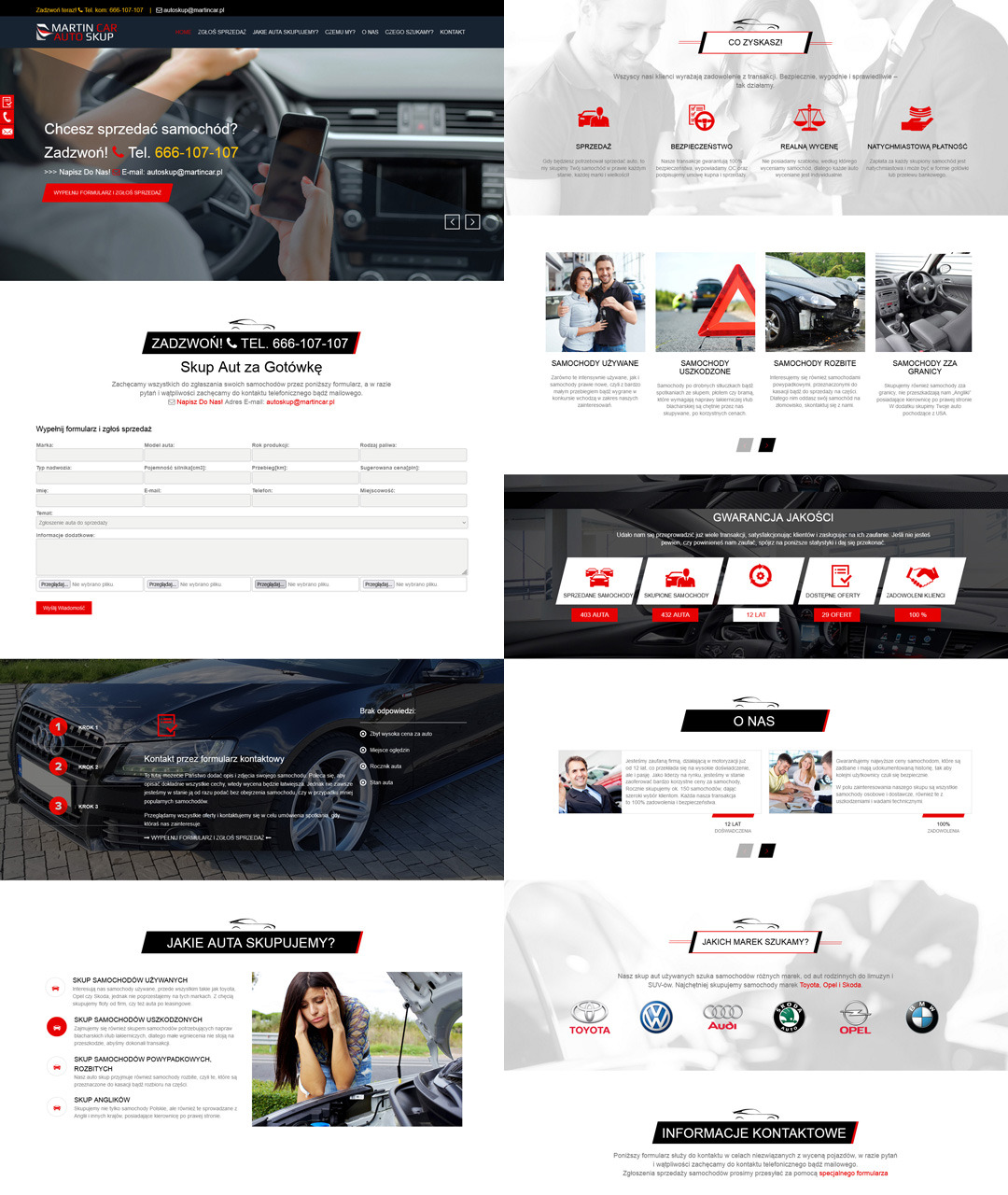 Projekt strony internetowej autoskupu z formularzem kontaktowym, informacjami o skupowanych markach i gwarancją jakości, prezentujący nowoczesny design i intuicyjną nawigację.