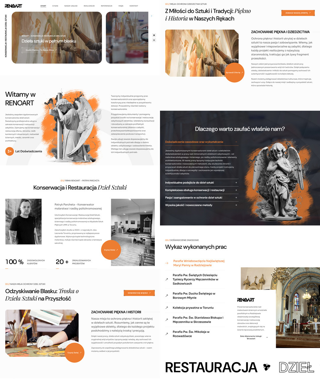 Fragment strony internetowej firmy konserwatorskiej RENOART, specjalizującej się w konserwacji i restauracji dzieł sztuki, z widocznymi elementami nawigacji, treścią o misji firmy i zdjęciami...