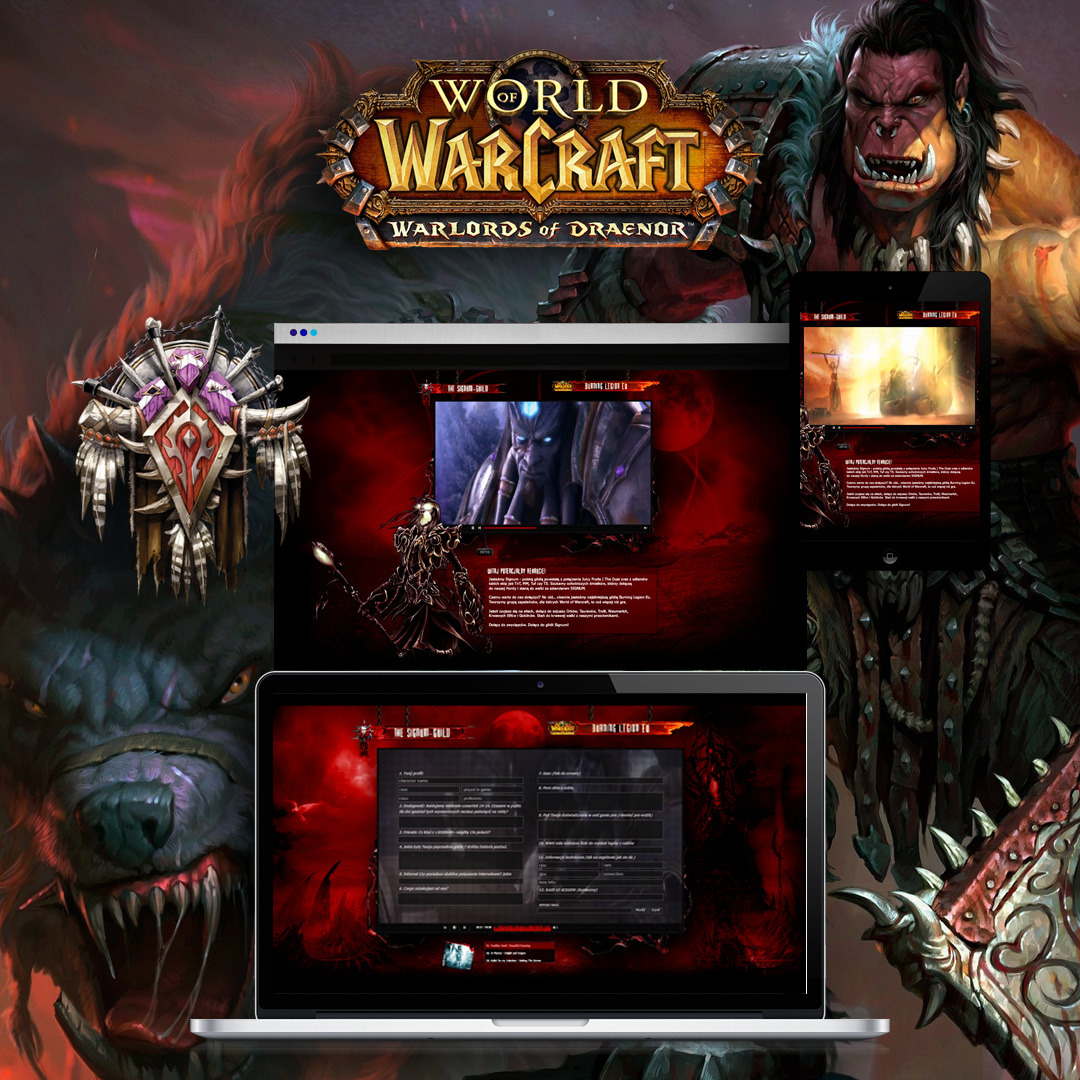 Kompozycja graficzna prezentująca responsywną stronę internetową gry World of Warcraft: Warlords of Draenor na laptopie i tablecie, z orkiem w tle i logo gry.