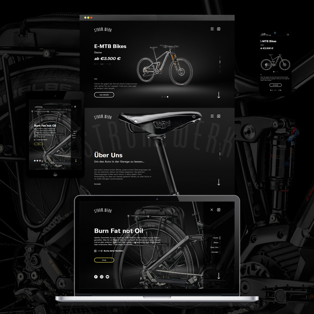 Responsywna strona internetowa prezentująca rowery elektryczne Stromwerk na laptopie, tablecie i smartfonie, z naciskiem na design i czytelność interfejsu użytkownika.