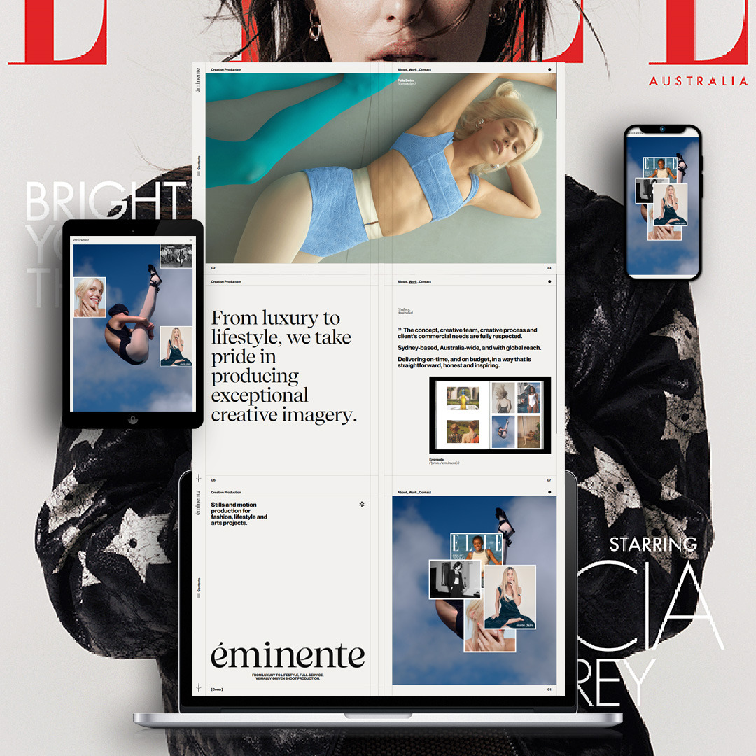 Zdjęcie przedstawia portfolio agencji kreatywnej Éminente, widoczne na ekranie laptopa, tabletu i smartfona, prezentujące różnorodne projekty z zakresu fotografii i produkcji wideo dla branży mody,...