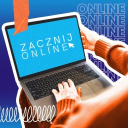ZACZNIJ ONLINE Filip Chochulski - Osoba pisze na laptopie z ekranem wyświetlającym napis 'Zacznij Online' na niebieskim tle, pomarańczowa kartka przyklejona do ekranu, graficzne tło z napisem 'Online'.