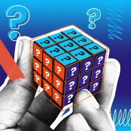 ZACZNIJ ONLINE Filip Chochulski - Stylizowana grafika przedstawiająca dłoń trzymającą kostkę z pytajnikami na niebieskich i pomarańczowych polach, na tle gradientu niebieskiego z dodatkowymi pytajnikami i abstrakcyjnymi liniami.