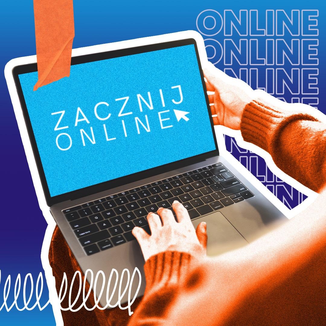 Osoba pisze na laptopie z ekranem wyświetlającym napis 'Zacznij Online' na niebieskim tle, pomarańczowa kartka przyklejona do ekranu, graficzne tło z napisem 'Online'.