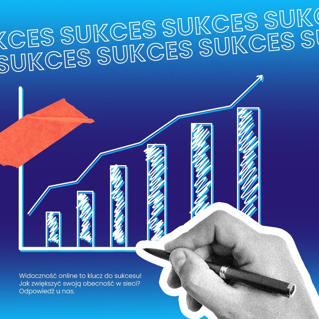 Stylizowany wykres słupkowy wzrostu z ręcznie rysowanymi elementami, podkreślony pomarańczową taśmą, symbolizujący rozwój i sukces online.