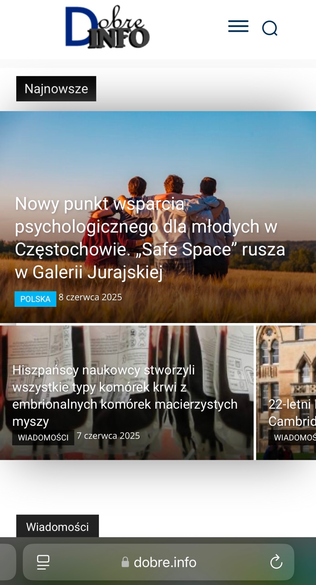 Strona internetowa dobre.info na urządzeniu mobilnym. Artykuł o nowym punkcie wsparcia psychologicznego dla młodych w Częstochowie. Widoczne logo serwisu.
