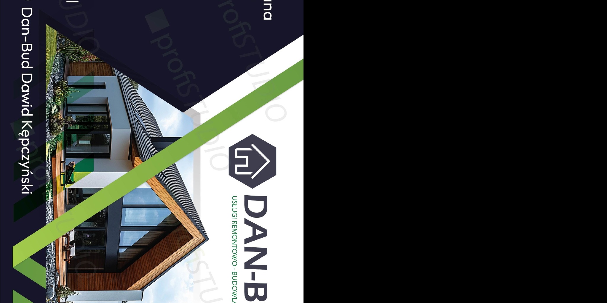 Grafika reklamowa firmy budowlanej Dan-Bud Dawid Kępczyński, prezentująca wizualizację domu z dużymi oknami i drewnianym wykończeniem, umieszczona na tle z geometrycznym wzorem i logo firmy.