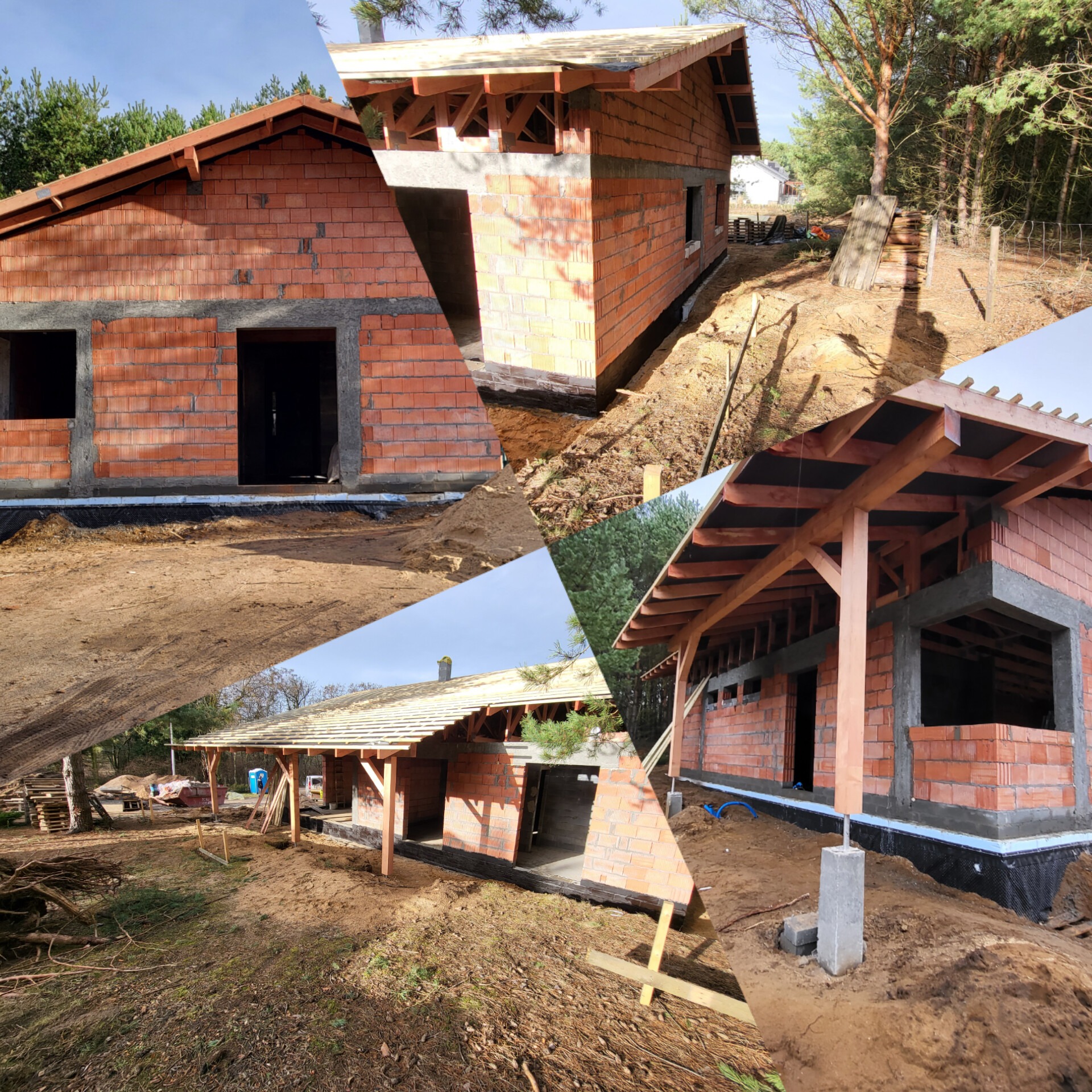 Montaż domu z czerwonej cegły na etapie budowy, widoczne drewniane elementy konstrukcyjne dachu i fundamenty, otoczenie placu budowy z widoczną ziemią i drzewami.