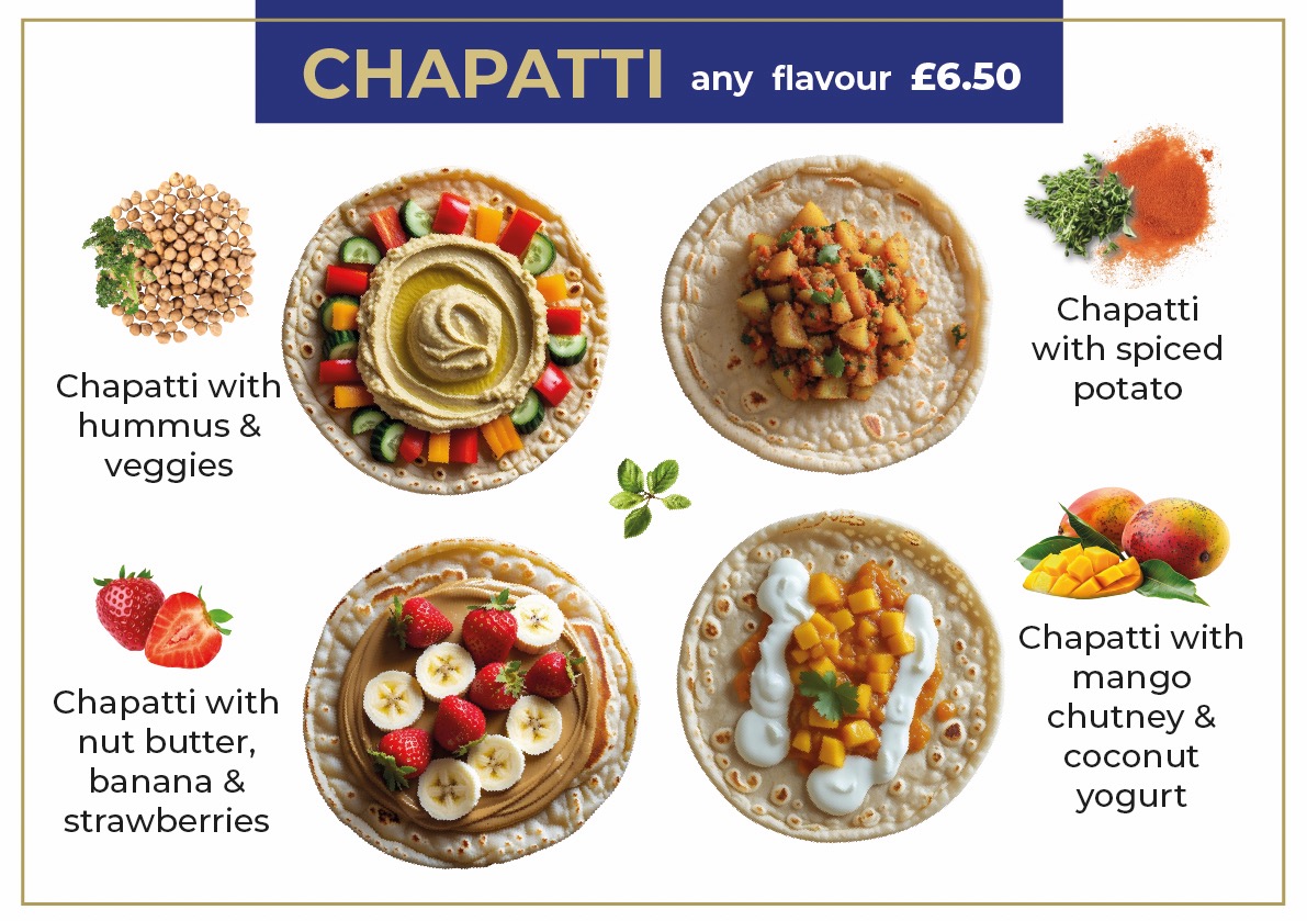 Menu z chapatti: hummus z warzywami, ziemniaki z przyprawami, masło orzechowe z bananem i truskawkami, chutney z mango i jogurt kokosowy. Prezentacja potraw.