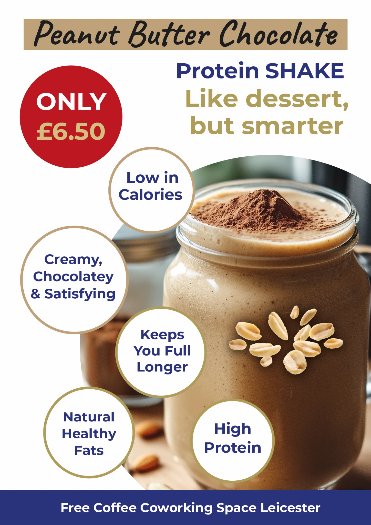 Plakat A1: Proteinowy shake o smaku masła orzechowego i czekolady w słoiku, otoczony informacjami o wartościach odżywczych i cenie. Promocja darmowej przestrzeni coworkingowej.