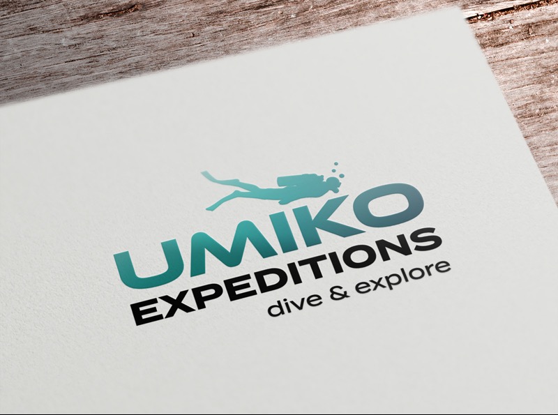 Logo firmy nurkowej UMIKO Expeditions: typografia z wkomponowanym zielonym nurkiem, gradient sugeruje głębię oceanu, na białym tle z drewnianym akcentem.