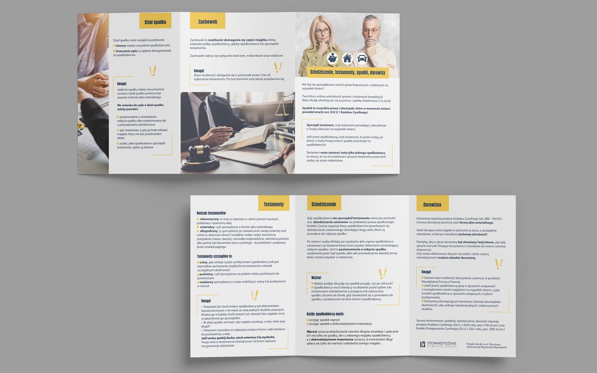 Ulotka informacyjna o prawie spadkowym, testamentach i darowiznach. Szczegółowe informacje dla klientów z Rouen. Grafika w stonowanej kolorystyce.