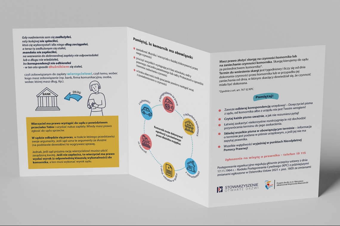 Infografika o prawach dłużnika, stworzona dla Stowarzyszenia Otwarte Drzwi. Zawiera tekst informacyjny, schemat postępowania komorniczego i dane kontaktowe.