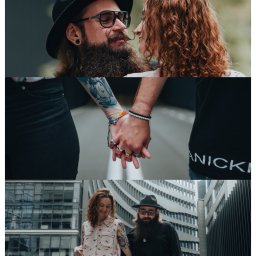 Mustache Lens Media - Kolaż zdjęć zakochanej pary: zbliżenie twarzy, dłonie splecione w uścisku z widocznymi tatuażami i pierścionkami, oraz para spacerująca na tle nowoczesnej architektury.