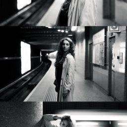 Mustache Lens Media - Czarno-biały kolaż trzech ujęć kobiety w płaszczu na stacji metra: z profilu z rozwianymi włosami, stojącej na peronie i opierającej się o betonowy filar z rozmytym pociągiem w tle.