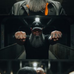 Mustache Lens Media - Mężczyzna z długą brodą, w czarnej czapce z logo, prezentowany w trzech ujęciach na tle betonowego wnętrza, w tym zbliżenie na czapkę z napisem ANGRY BEARDS.