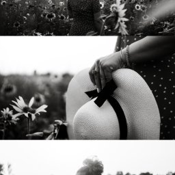 Mustache Lens Media - Czarno-białe ujęcie kobiety w sukience w grochy na polu słoneczników, trzymającej słomkowy kapelusz z czarną wstążką.