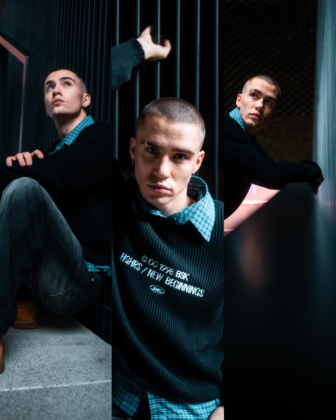 Młody mężczyzna w czarnej kamizelce z napisem 'HGHRs / NEW BEGINNINGS' pozuje na tle metalowych prętów i betonowych schodów, ujęcie z trzema różnymi kadrami.