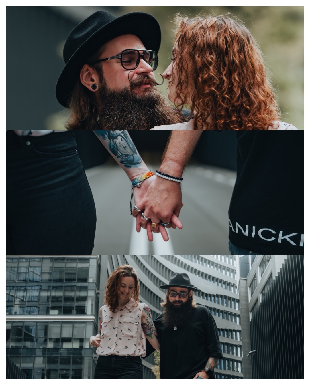 Kolaż zdjęć zakochanej pary: zbliżenie twarzy, dłonie splecione w uścisku z widocznymi tatuażami i pierścionkami, oraz para spacerująca na tle nowoczesnej architektury.