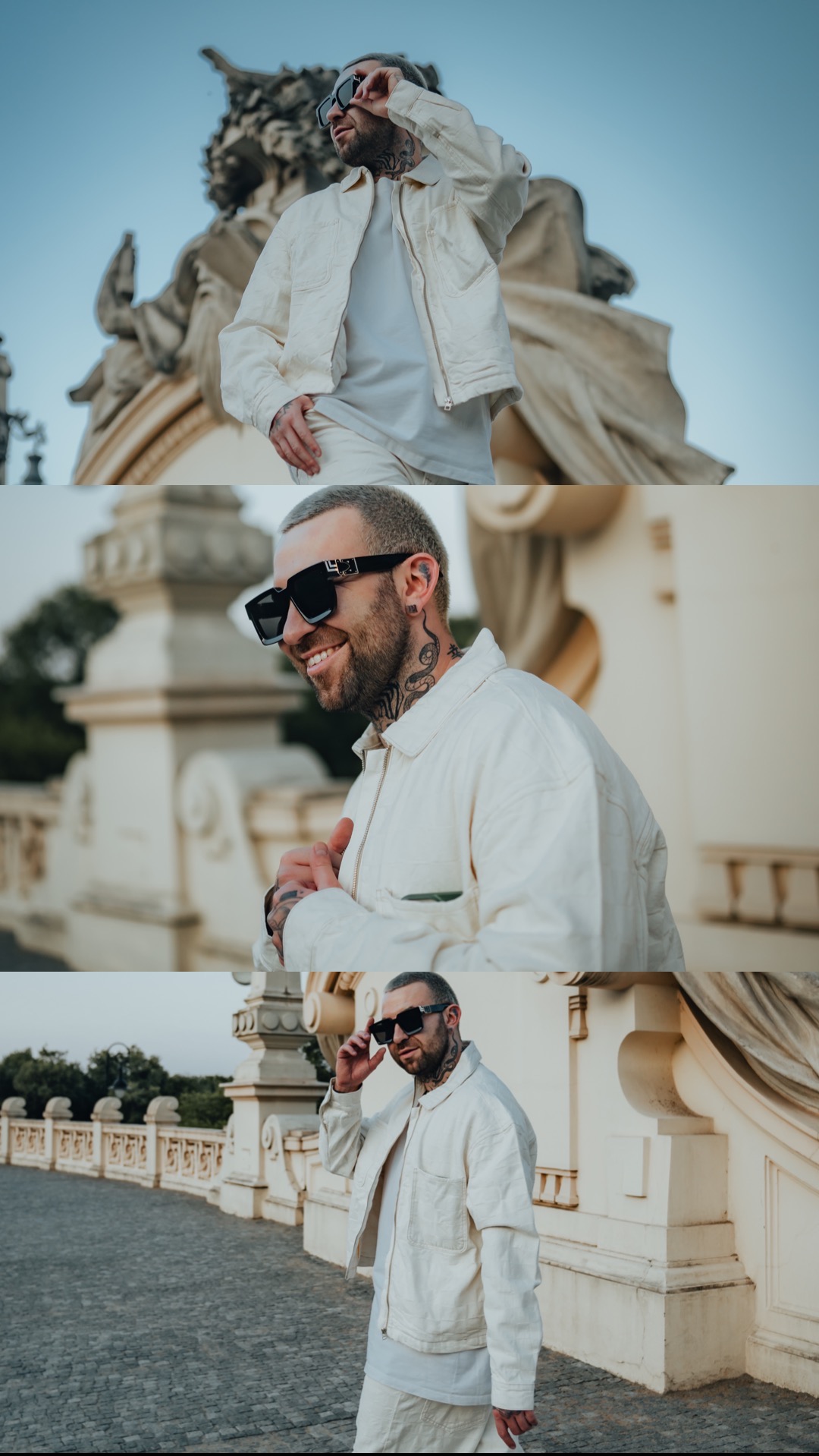 Mężczyzna w okularach przeciwsłonecznych pozuje na tle architektury miejskiej, prezentowany w trzech ujęciach: zbliżenie na uśmiechniętą twarz z tatuażami na szyi, ujęcie z posągiem w tle i pełna...