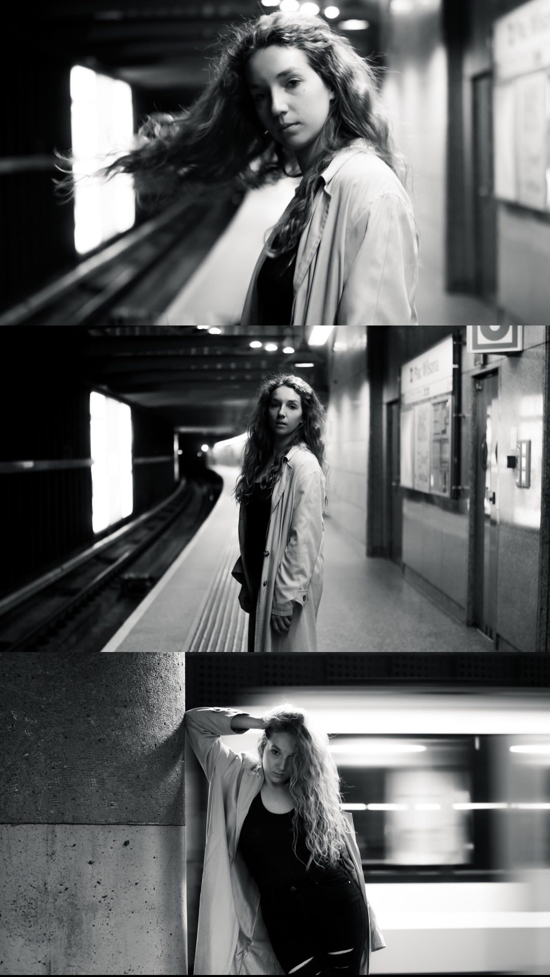 Czarno-biały kolaż trzech ujęć kobiety w płaszczu na stacji metra: z profilu z rozwianymi włosami, stojącej na peronie i opierającej się o betonowy filar z rozmytym pociągiem w tle.