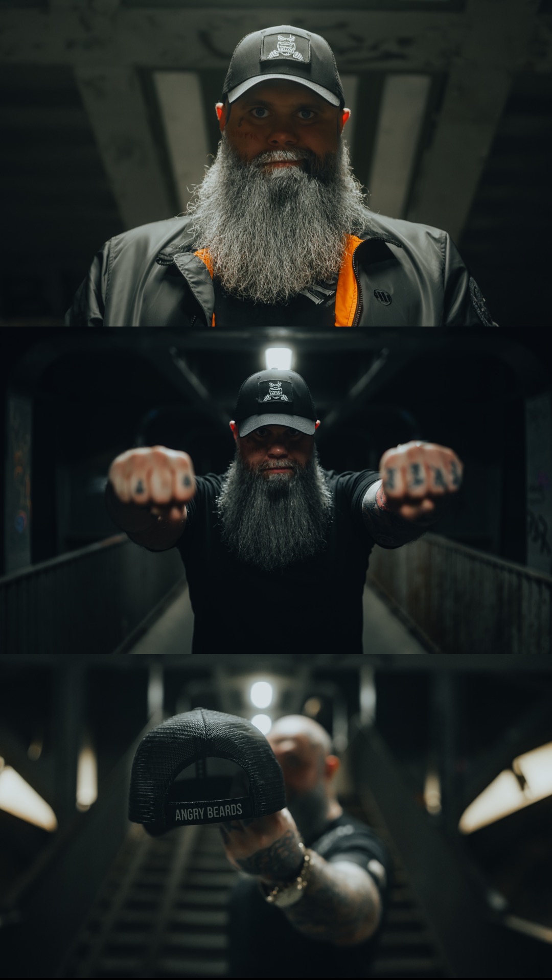 Mężczyzna z długą brodą, w czarnej czapce z logo, prezentowany w trzech ujęciach na tle betonowego wnętrza, w tym zbliżenie na czapkę z napisem ANGRY BEARDS.