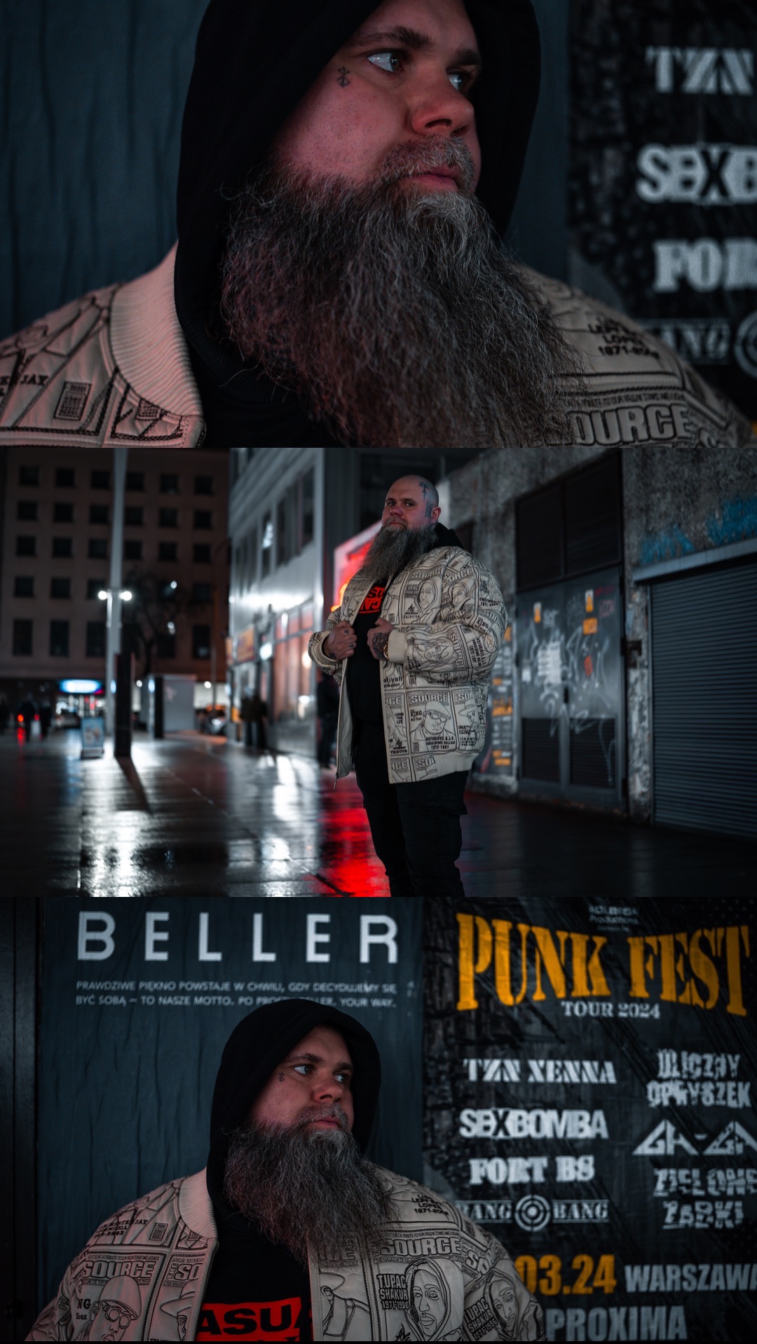 Portret brodatego mężczyzny w kapturze i wzorzystej kurtce na tle miejskiej ulicy z plakatami koncertowymi w nocnym oświetleniu.