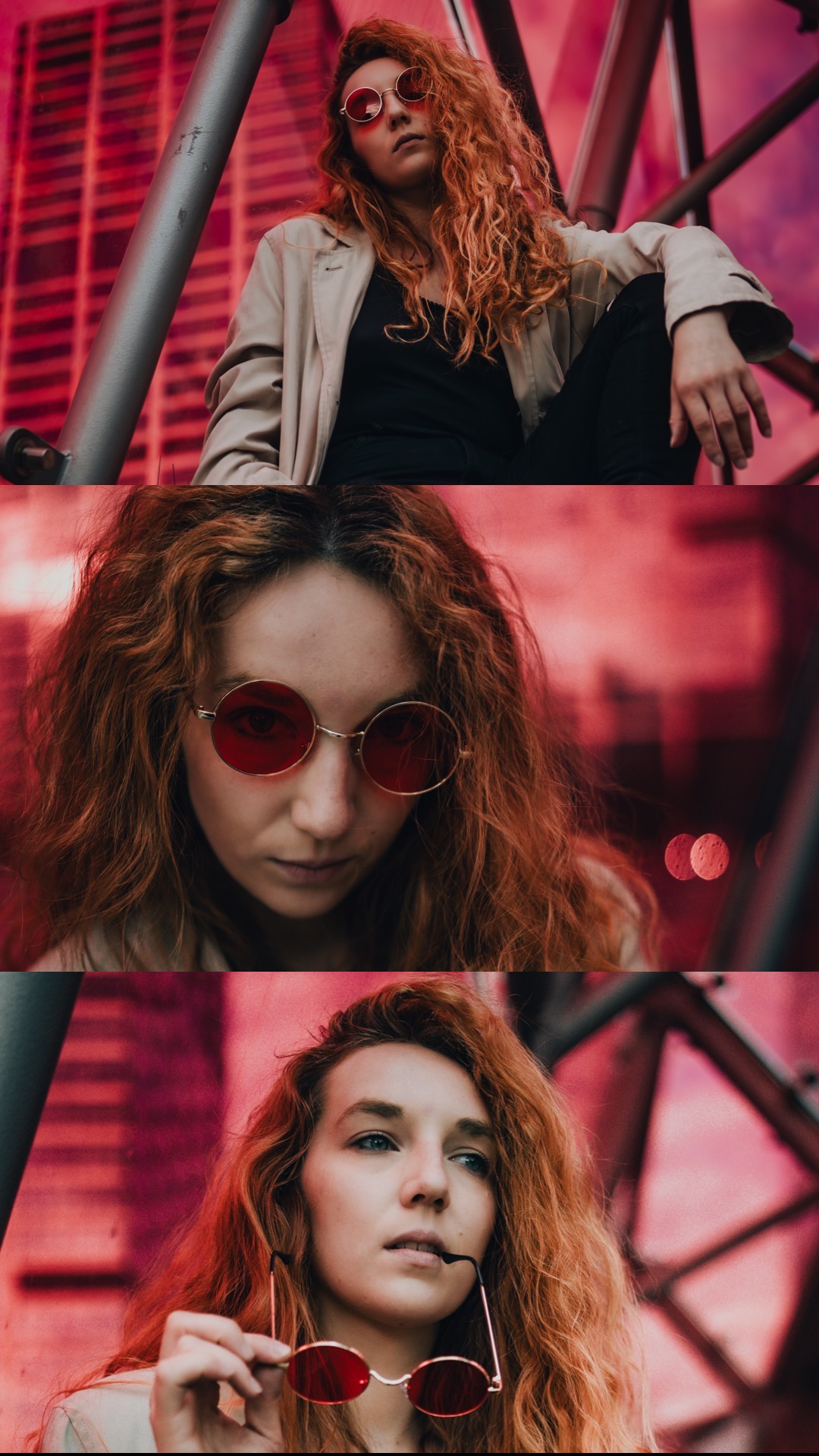 Kobieta z rudymi kręconymi włosami w okularach z czerwonymi szkłami pozuje na tle czerwonego budynku i metalowej konstrukcji. Ujęcia z różnych perspektyw.
