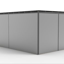 KONSTRUKCJE SZEWCZUK Vasyl Shevchuk - Nowoczesna, modułowa konstrukcja z metalowym szkieletem i szarymi panelami, prawdopodobnie element zabudowy wystawienniczej lub ścianka działowa, prezentowana na białym tle.