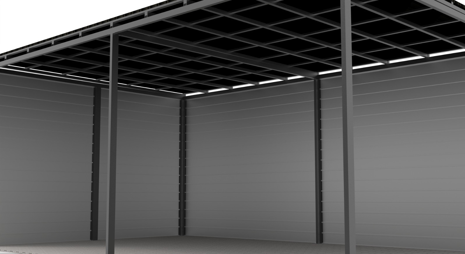 Szara, metalowa konstrukcja pergoli z kratownicą na dachu i poziomymi panelami ściennymi, widok z wnętrza.