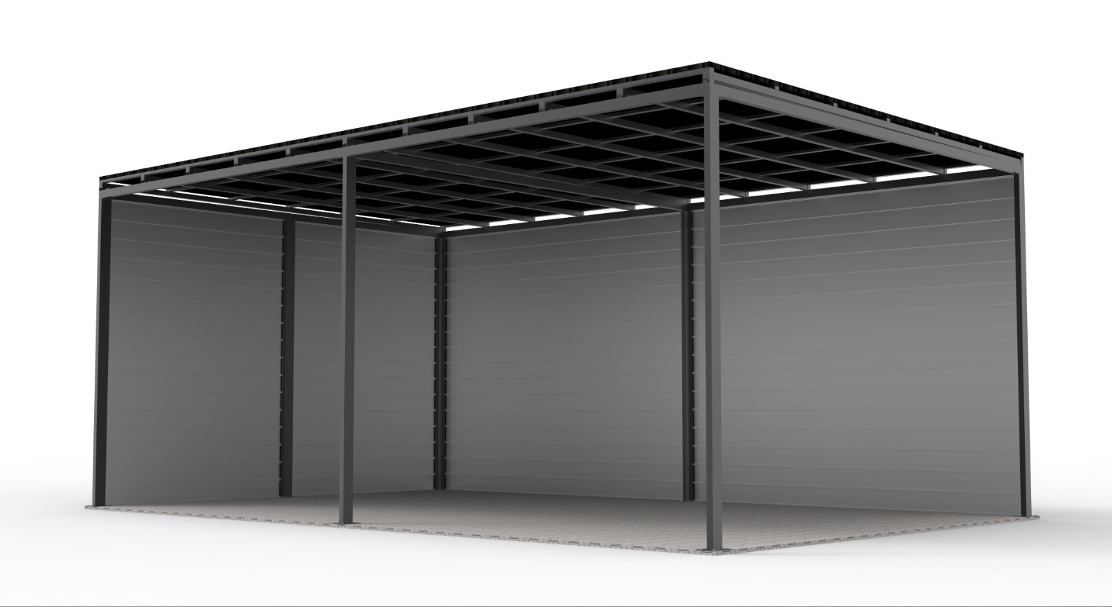 Wizualizacja 3D metalowej pergoli z szarymi panelami bocznymi i czarnym dachem, widok z perspektywy, prezentująca konstrukcję i materiały.