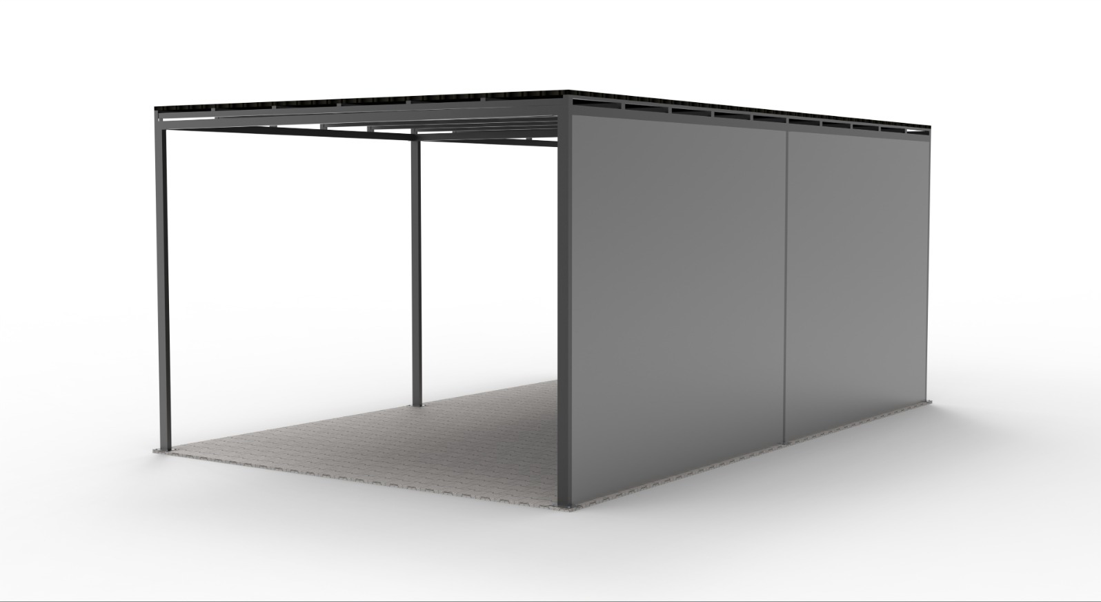 Nowoczesna, minimalistyczna konstrukcja z metalu z szarymi panelami bocznymi i szarą podłogą, prezentowana na białym tle.