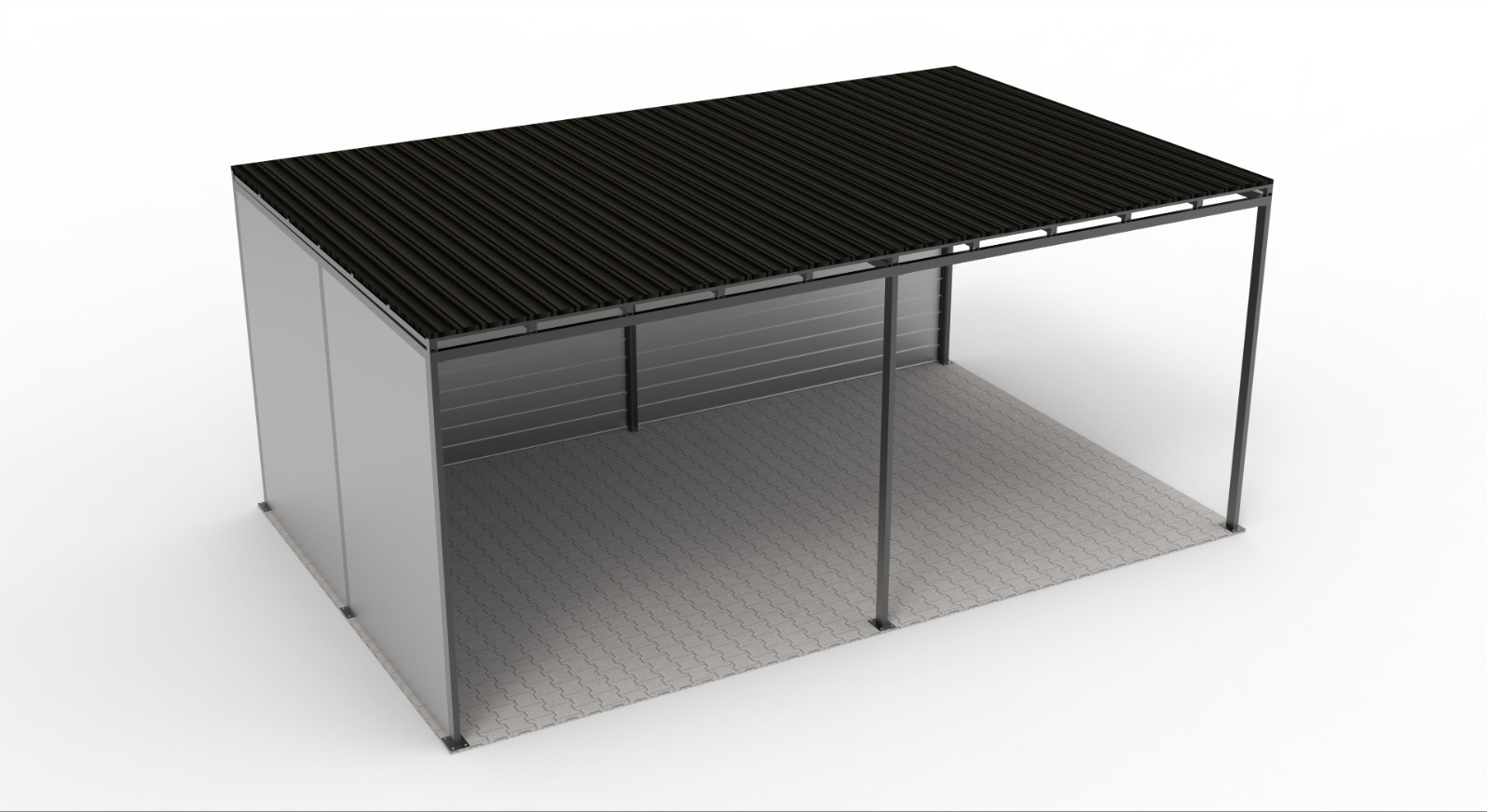 Wizualizacja metalowej konstrukcji z zadaszeniem z blachy falistej i częściowo zabudowanymi ścianami bocznymi, ustawiona na kostce brukowej.