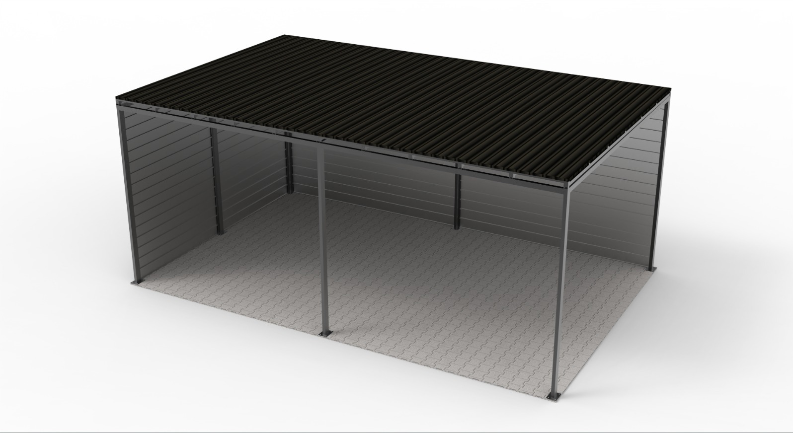Wizualizacja metalowej pergoli z ciemnym dachem i szarymi ścianami bocznymi, ustawionej na szarej kostce brukowej, prezentowana w perspektywie z góry.
