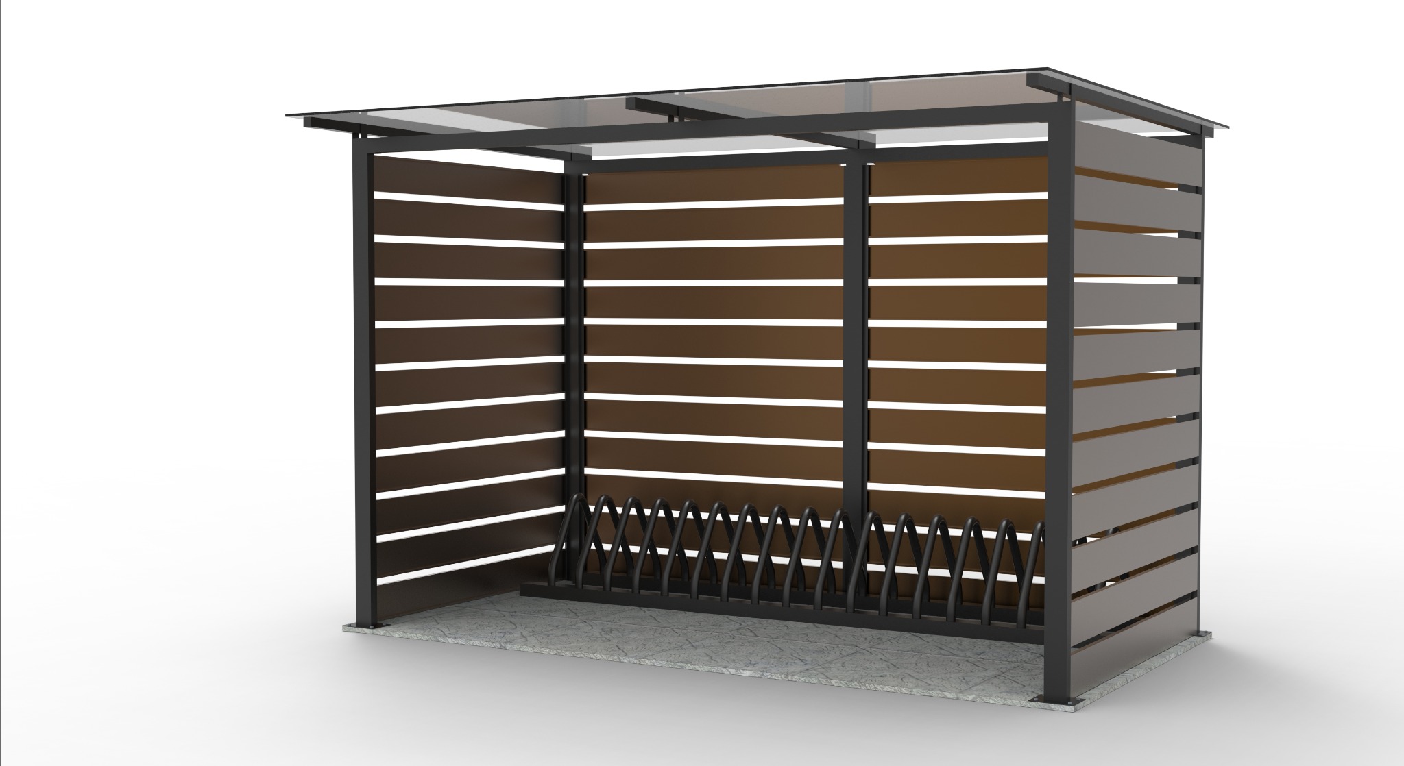 Wizualizacja zadaszonej, metalowej konstrukcji z poziomymi panelami i stojakiem na rowery wewnątrz.