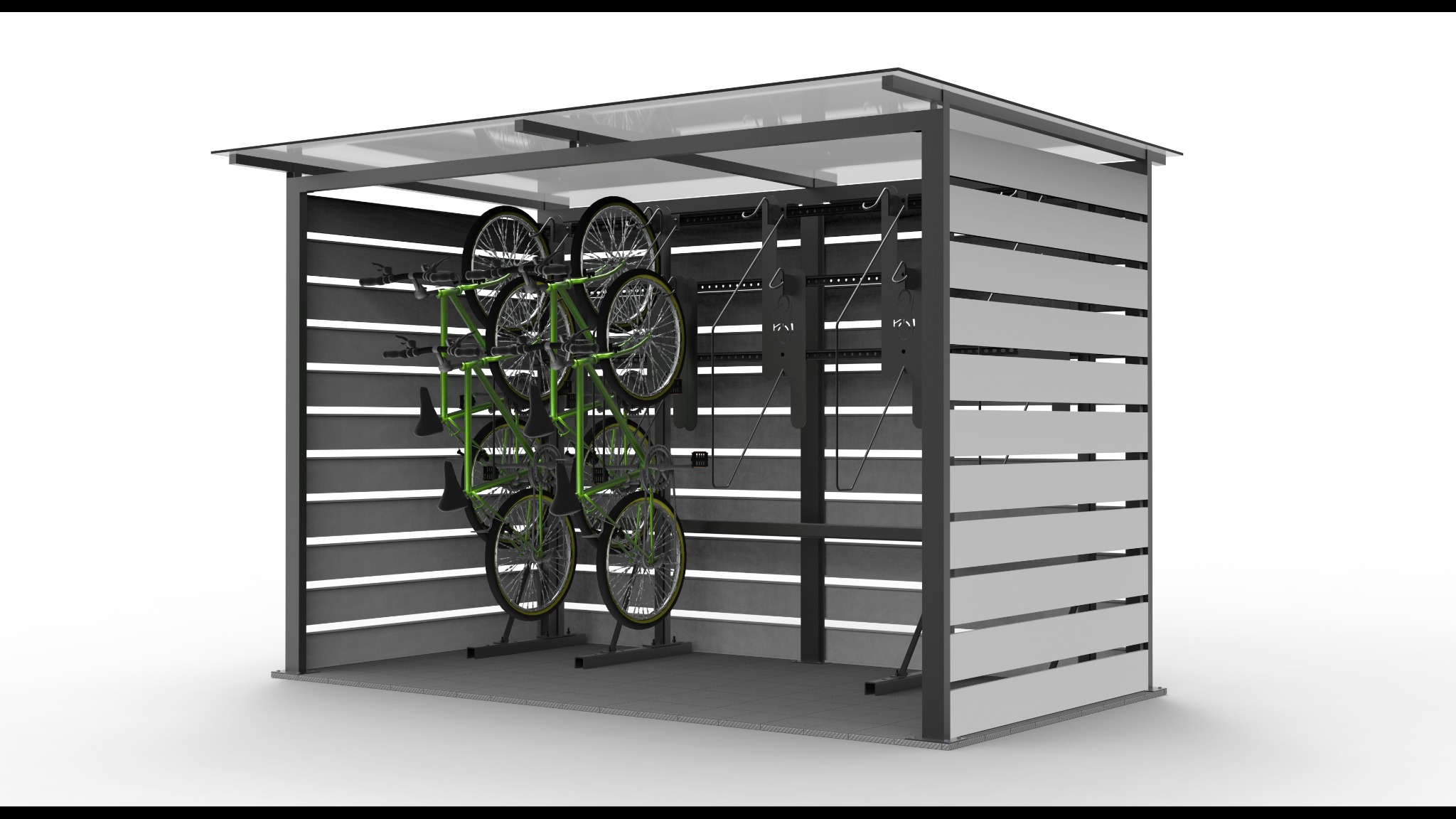 Nowoczesna, metalowa wiata rowerowa z przezroczystym dachem, wyposażona w system wieszaków i stojaków na rowery, prezentująca schludny design i funkcjonalność.