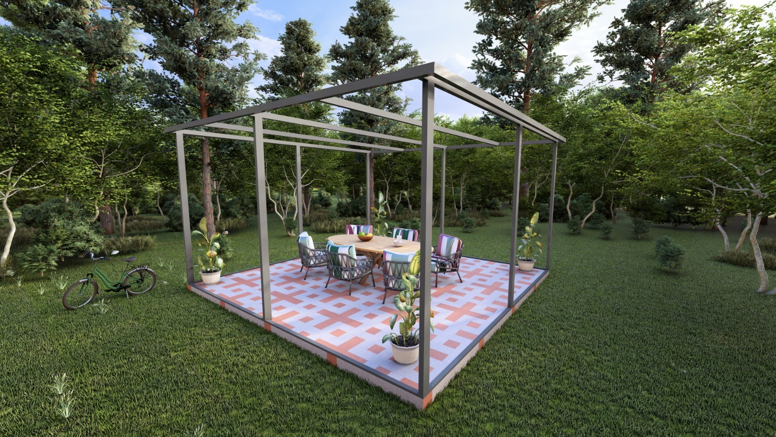 Szara, metalowa konstrukcja z płaskim dachem na kwadratowej, wzorzystej platformie w ogrodzie, z okrągłym stołem i krzesłami w środku, oraz rowerem opartym o trawę w tle.