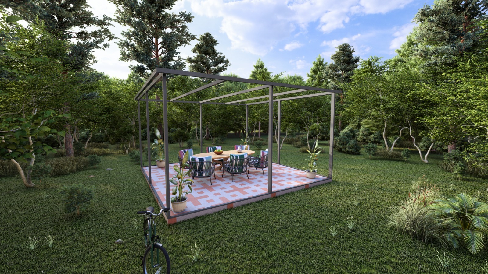 Metalowa konstrukcja pawilonu ogrodowego z meblami na wzorzystej posadzce, otoczona zielenią, z rowerem opartym o bok konstrukcji.