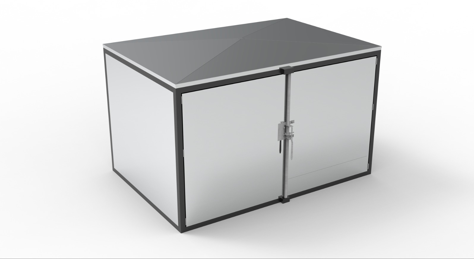 Metalowa szafka narzędziowa zamykana na dwie drzwi z prostym zamkiem, szara góra i białe ściany, widok z góry pod kątem na białym tle.